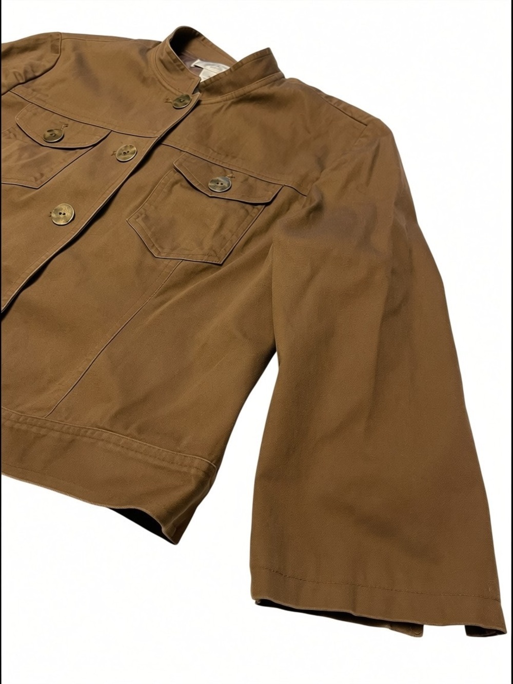 Cropped Espresso Twill Shaket or Utility Coat Mandarin Collar Metal Buttons